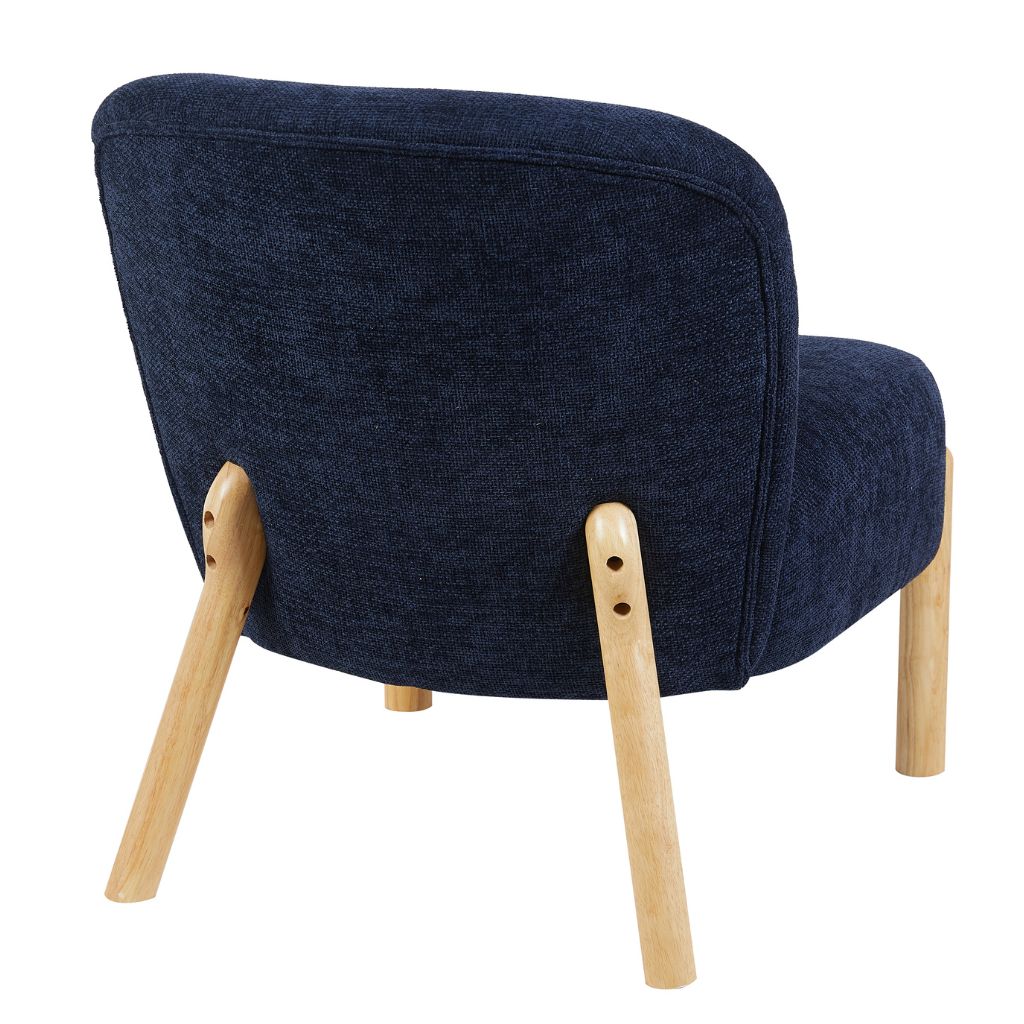 Navy blue armchair with wooden legs on a white background