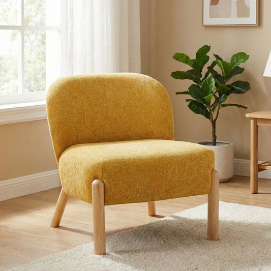 Yellow armchair in a room with a plant and window