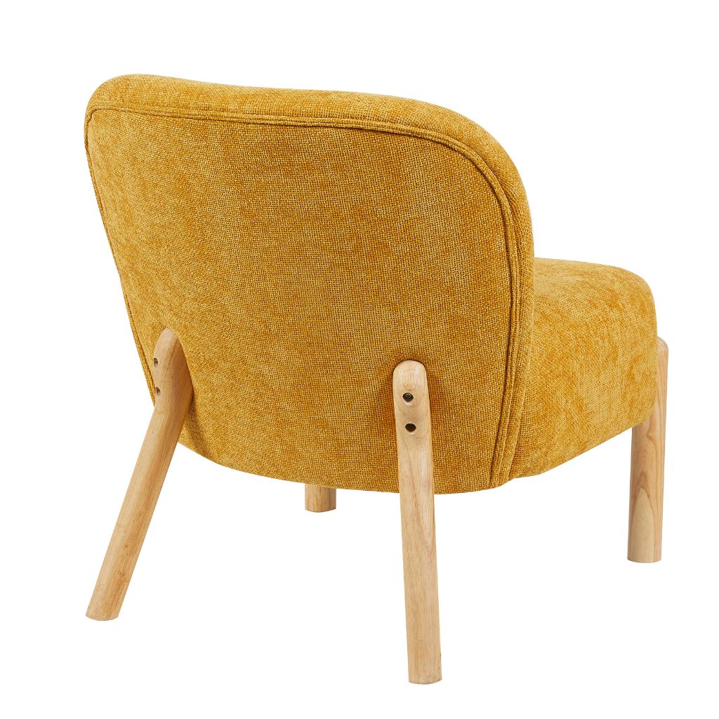 Yellow armchair with wooden legs on a white background