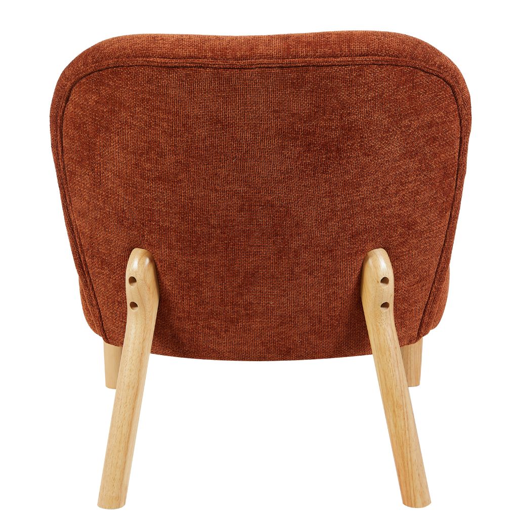 Rust cushioned chair with wooden legs on a white background