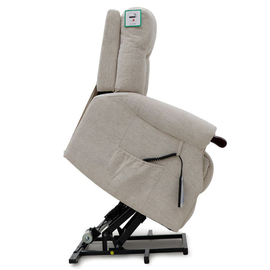 Beige recliner chair with a visible brand label on a white background