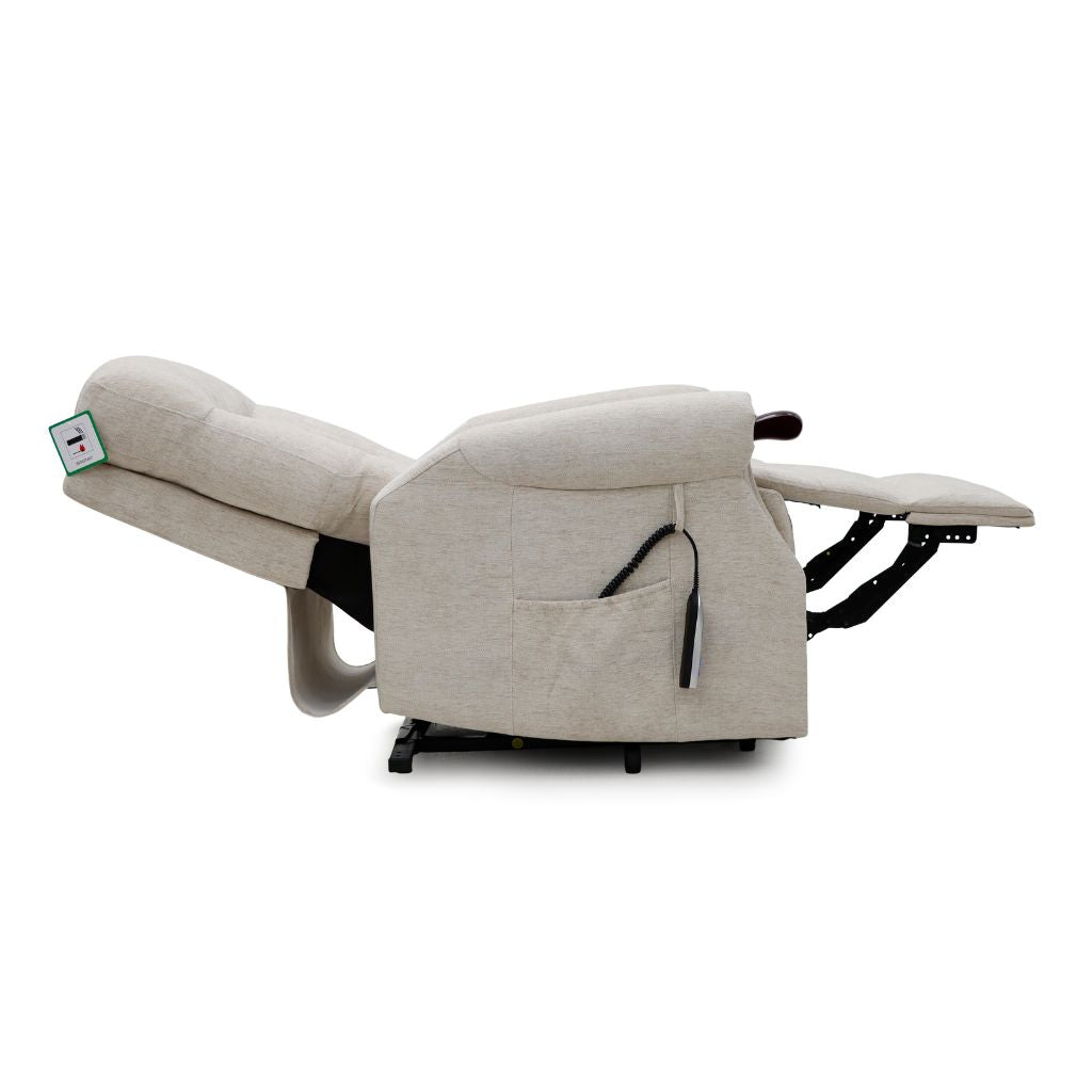 Beige recliner chair with armrests on a white background