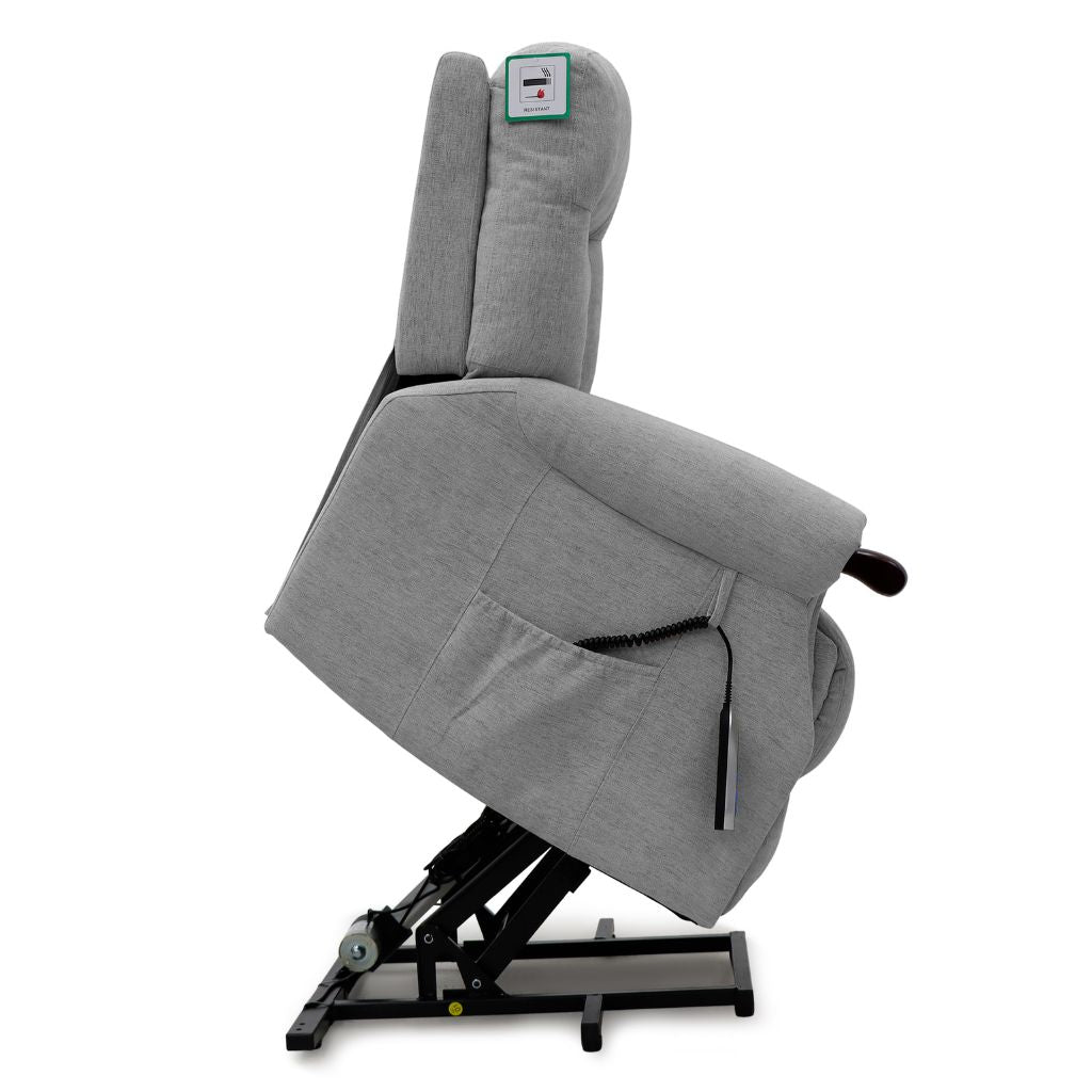 Gray recliner chair with adjustable base on a white background