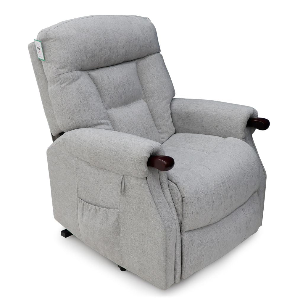 Gray recliner chair with wooden armrests on a white background