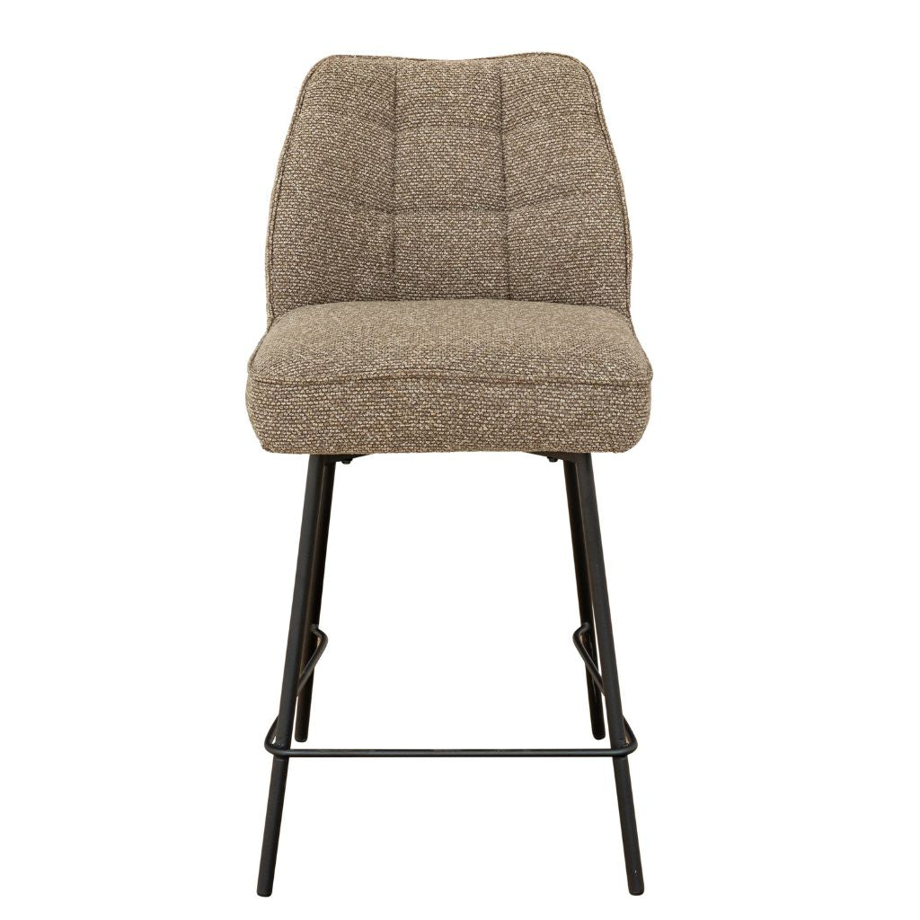 Brown textured bar stool with black metal legs on a white background