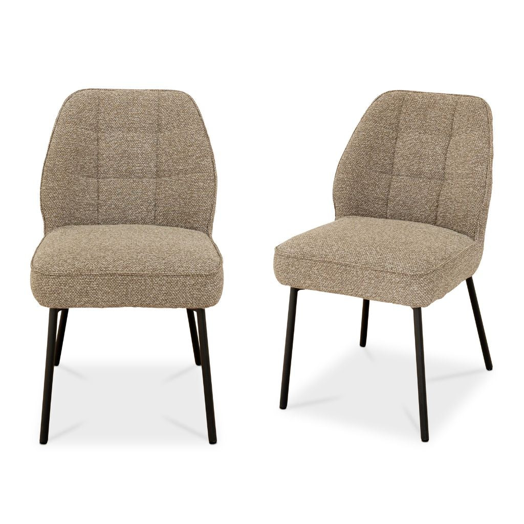 Two beige upholstered chairs with black legs on a white background
