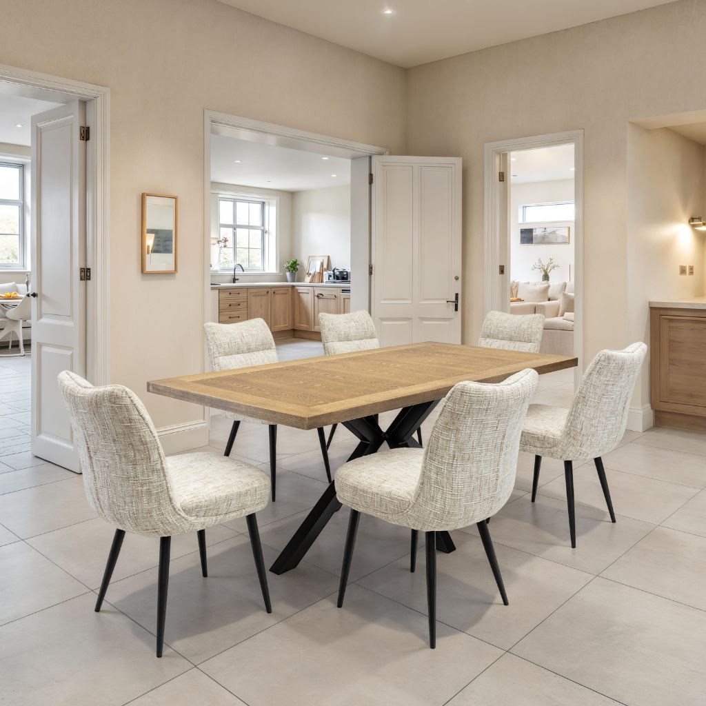 Dining room with a wooden table and chairs in a modern home setting.