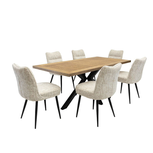 Dining table set with six chairs on a white background