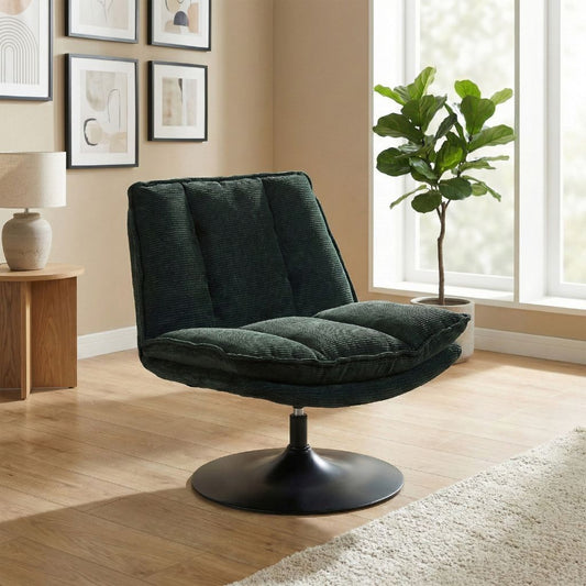 Green swivel chair in a room with a plant and framed pictures on the wall.