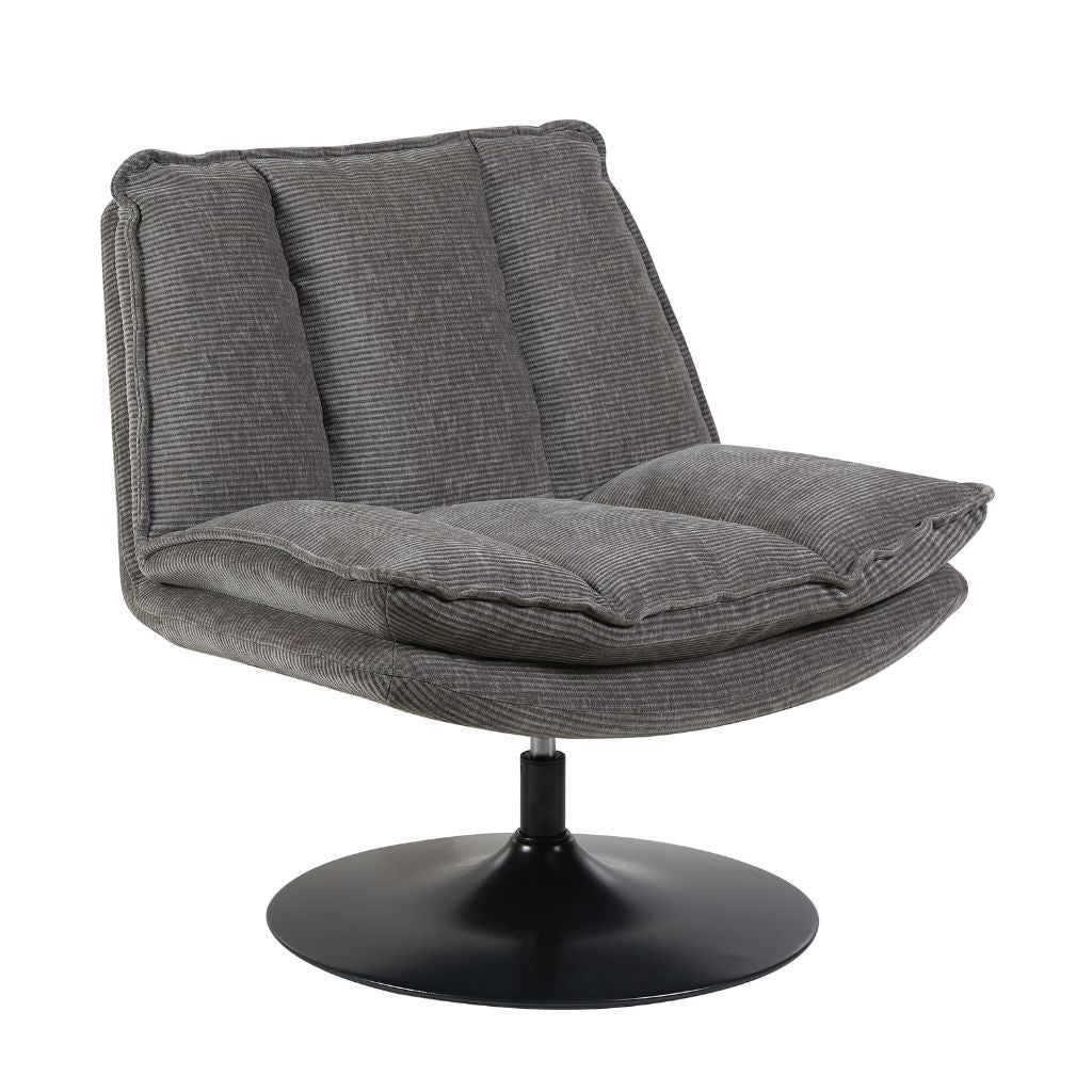 Gray cushioned chair with a black base on a white background