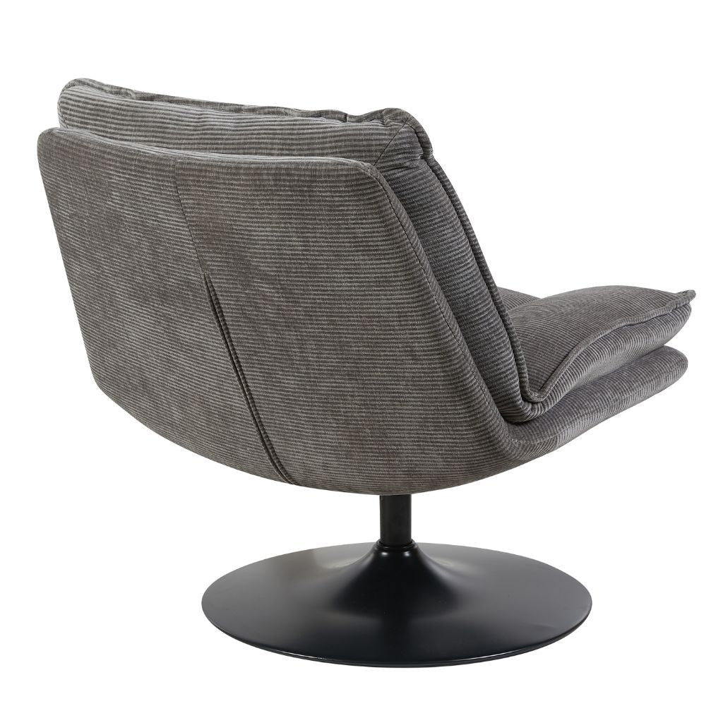 Gray upholstered chair with a black swivel base on a white background