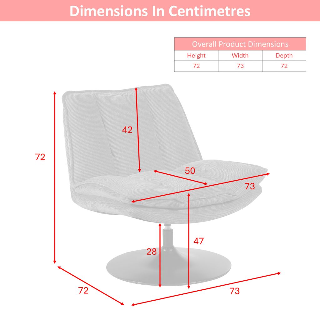 chair with dimensions marked in centimetres on a white background