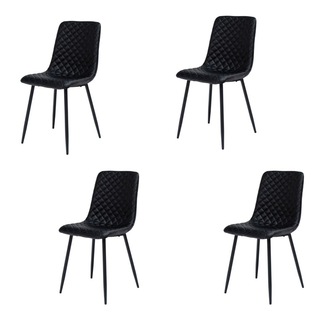 Four black quilted chairs on a white background