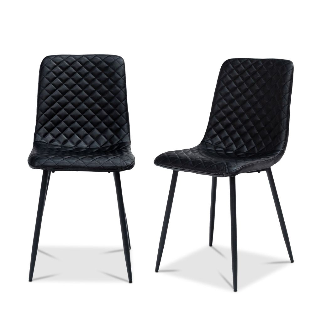 Two black quilted chairs on a white background