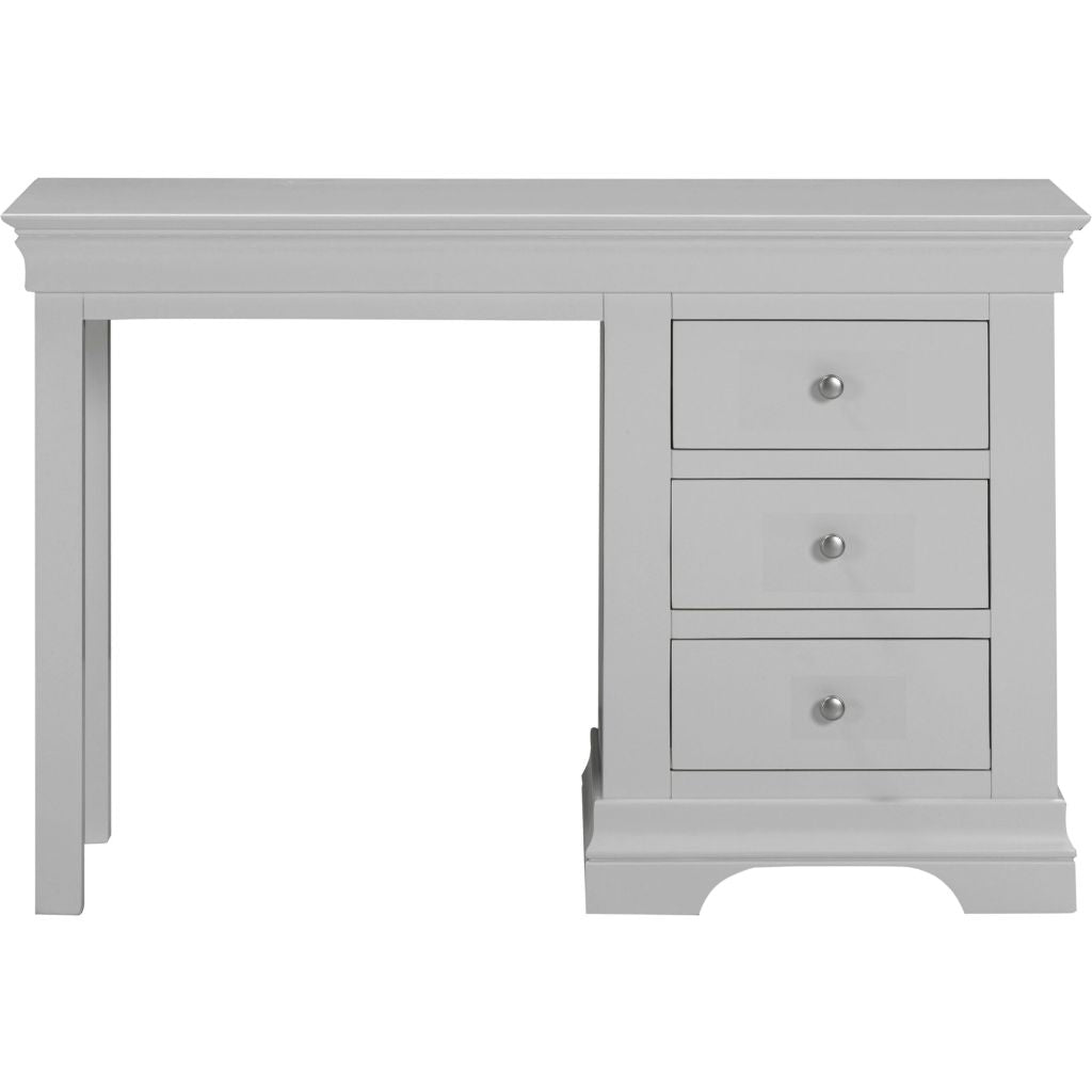 Grey dresser with three drawers on a white background