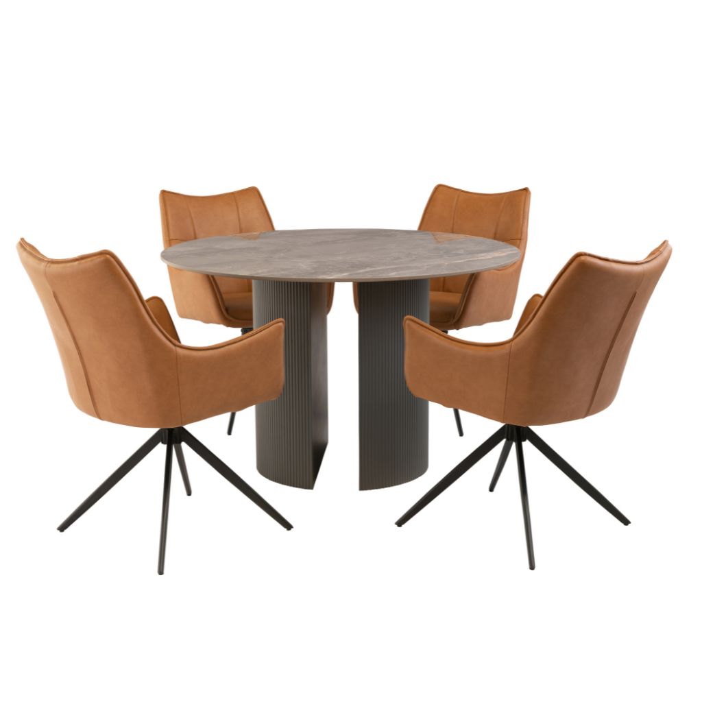 Bosa Round 1.2m Dining Table + 4 Viti Tan Chairs