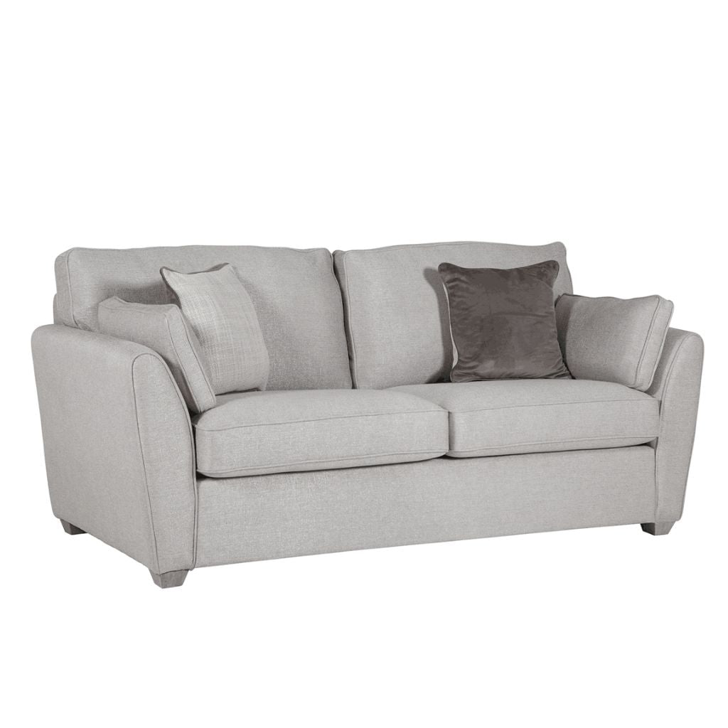 A light grey linen look fabric 2 seater which transforms into a comfortable sofa bed.
