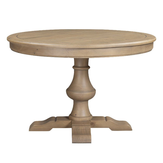 Round wooden table with a pedestal base on a white background