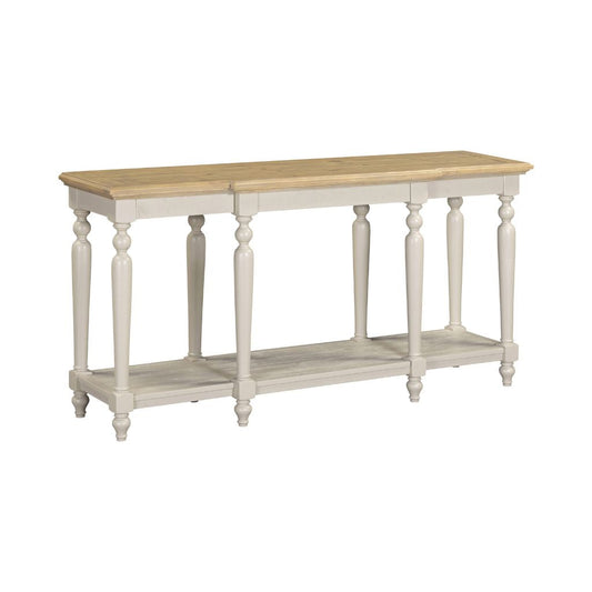 Wooden console table with grey base on a white background