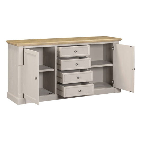 Gray sideboard with open doors and drawers on a white background