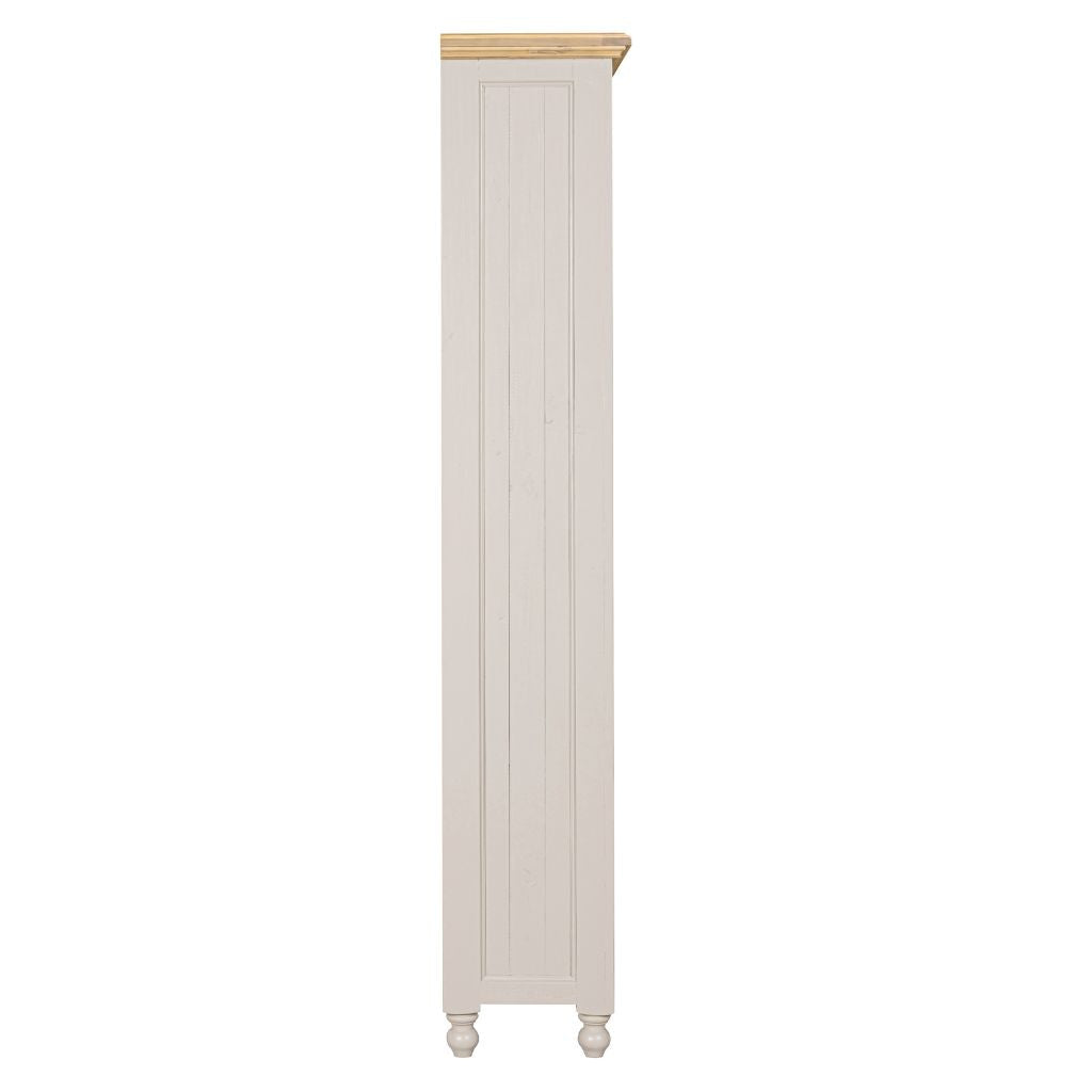 Tall white cabinet with a wooden top on a white background