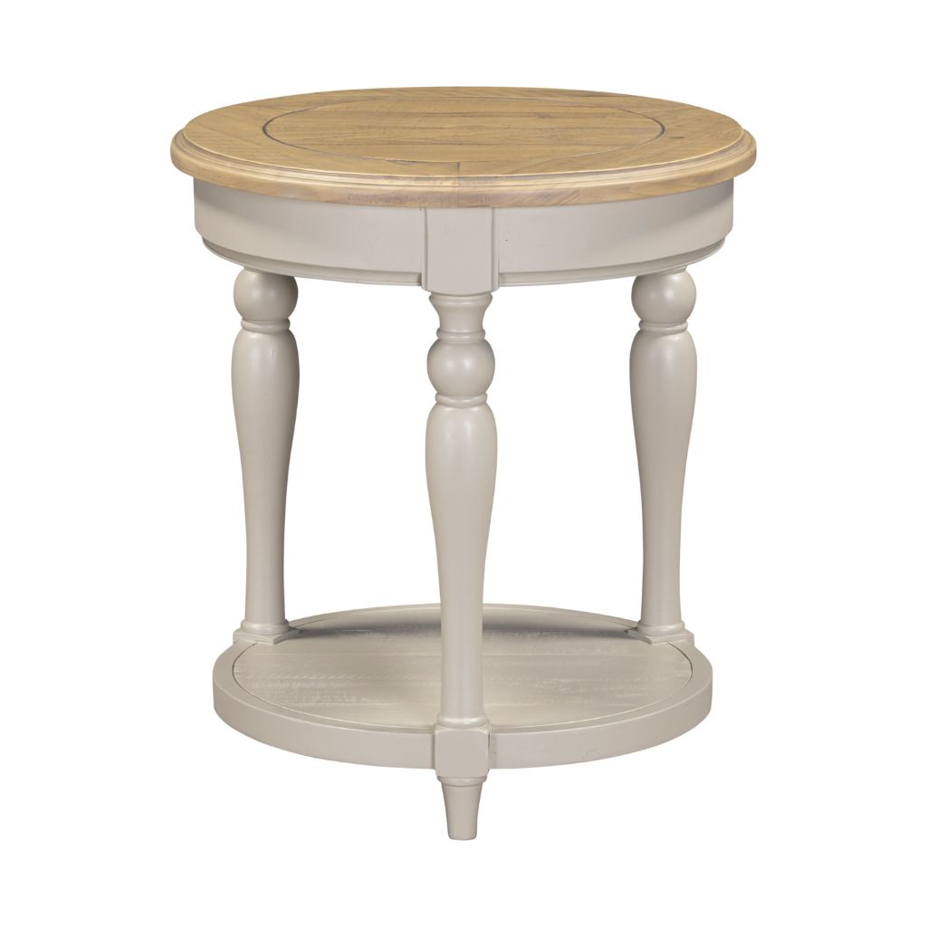 Round wooden side table with grey base on a white background