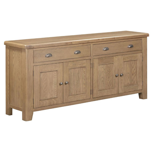 Wooden sideboard with four doors and two drawers on a white background