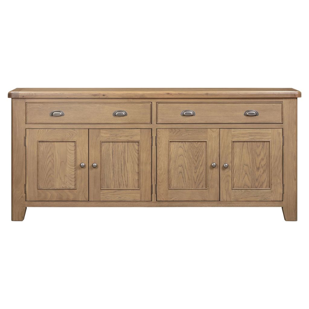 Wooden sideboard with four doors and two drawers on a white background