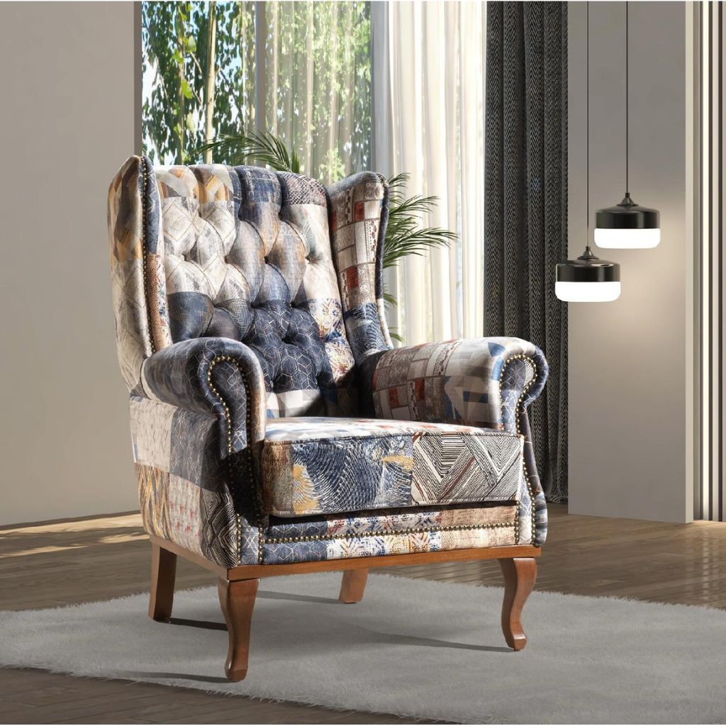 Clio Denim Patchwork Wing Chair