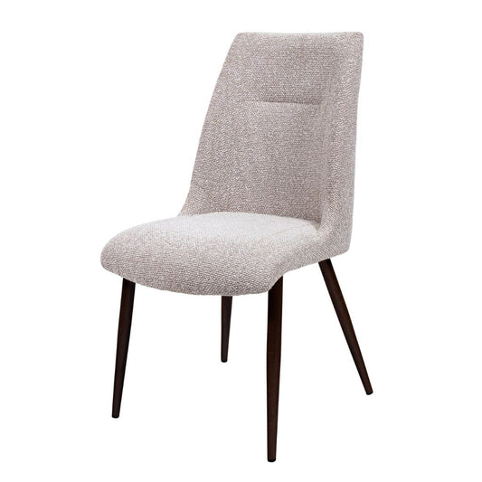 Natural upholstered chair with dark wooden legs on a white background
