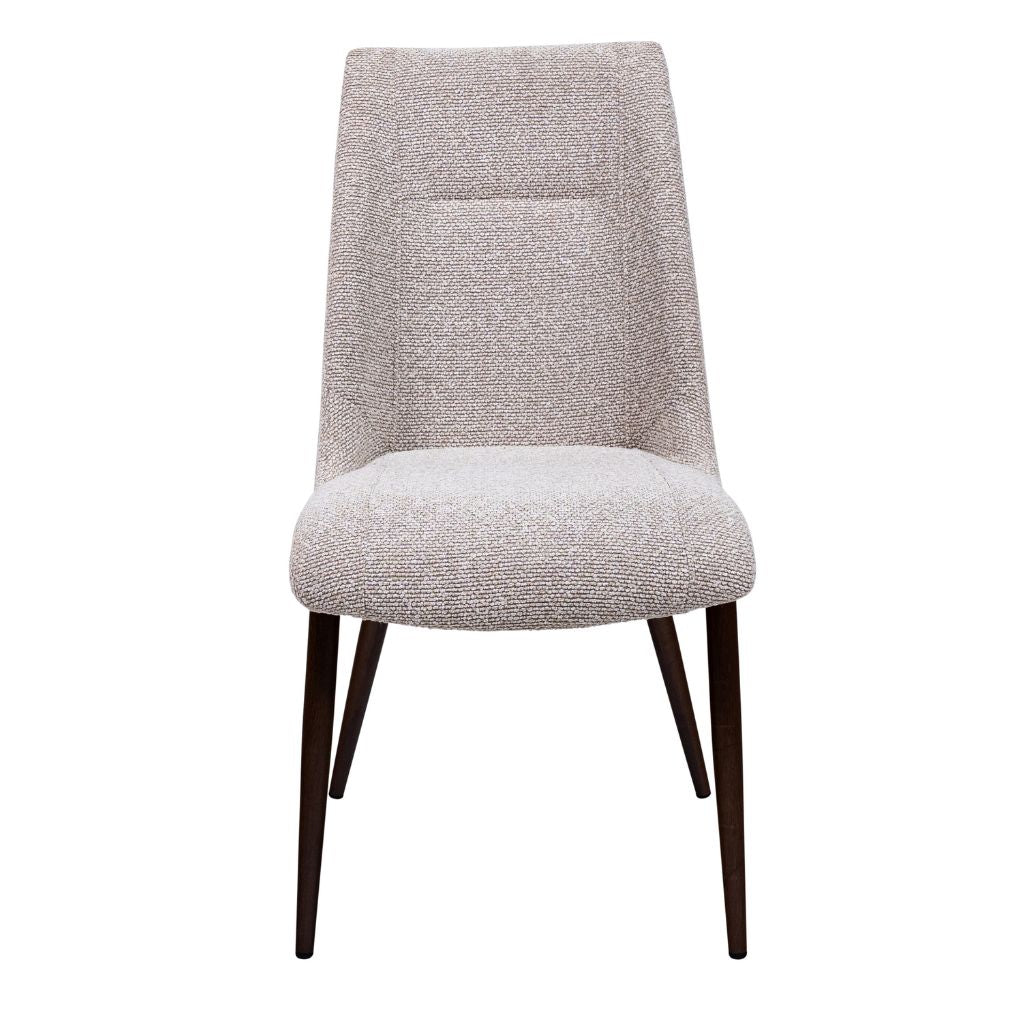 Natural upholstered chair with dark wood legs on a white background