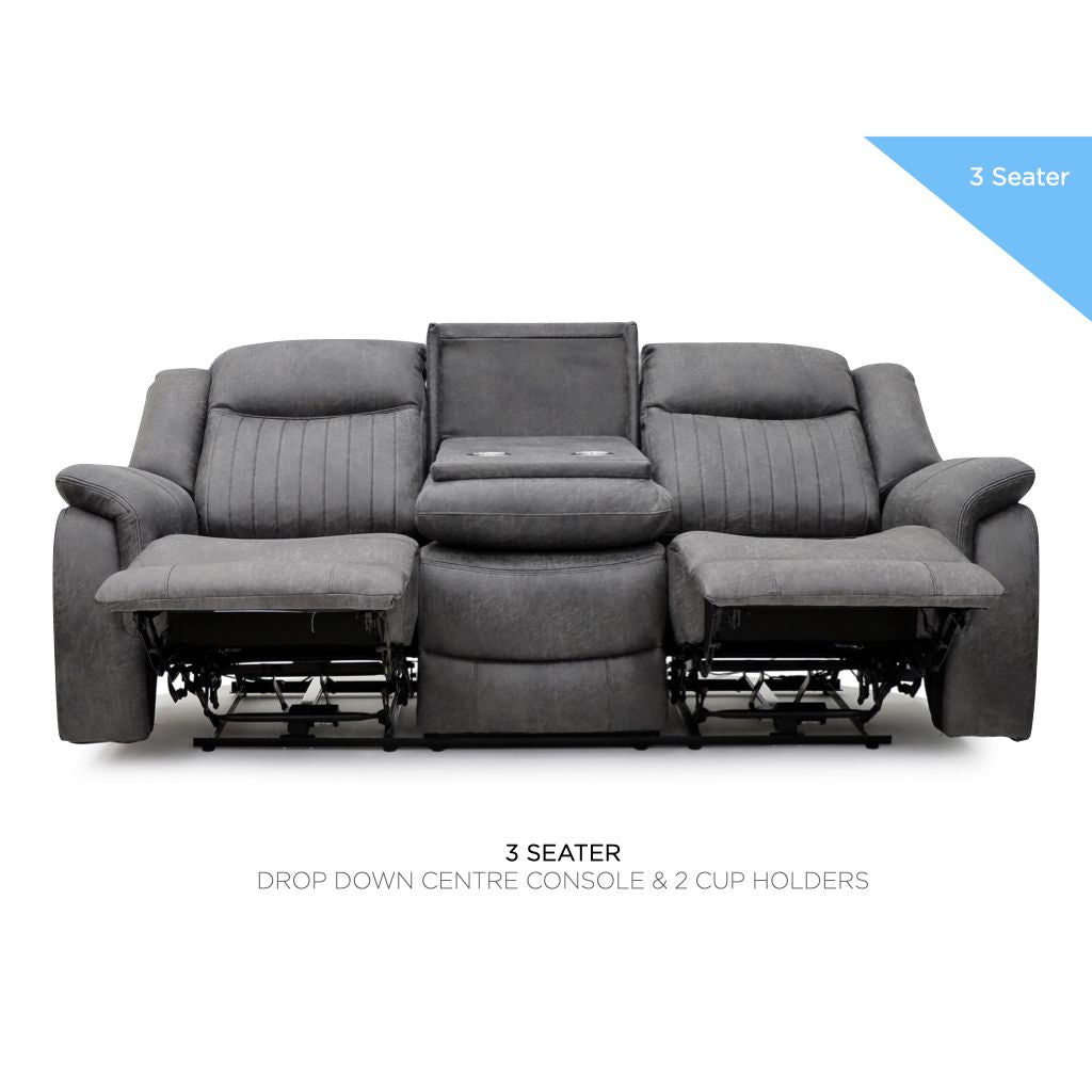 Gray three-seater recliner sofa with drop-down center console and cup holders on a white background.