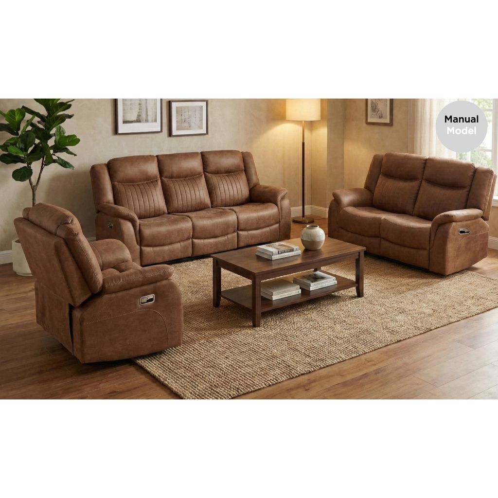 Brown fabric  sofa set in a living room with a coffee table and decor items.