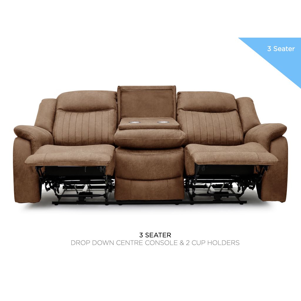 Brown 3-seater sofa with drop-down center console and cup holders on a white background