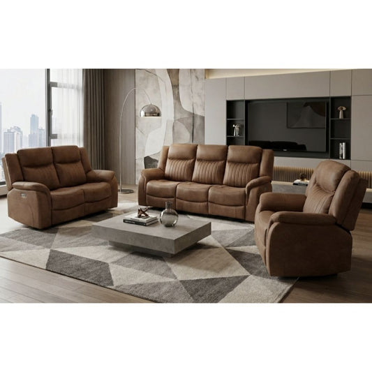 Brown fabric sofa set in a modern living room with a cityscape view.