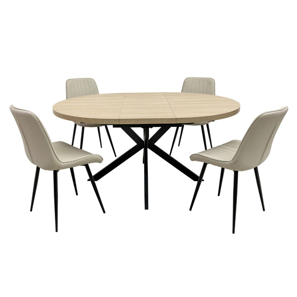 Delta 1.2m Round Extending Oak Dining Table + 4 Riace Stone Chairs