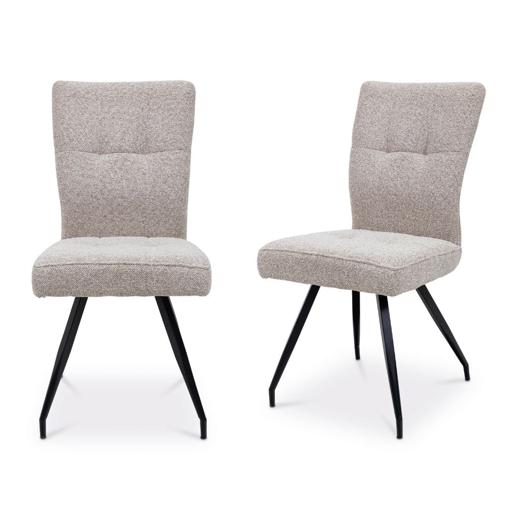 Two gray upholstered chairs with black legs on a white background
