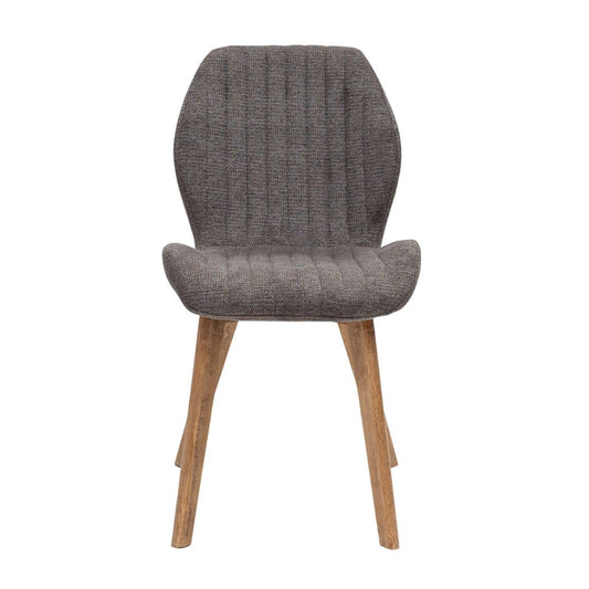 Grey upholstered chair with wooden legs on a white background