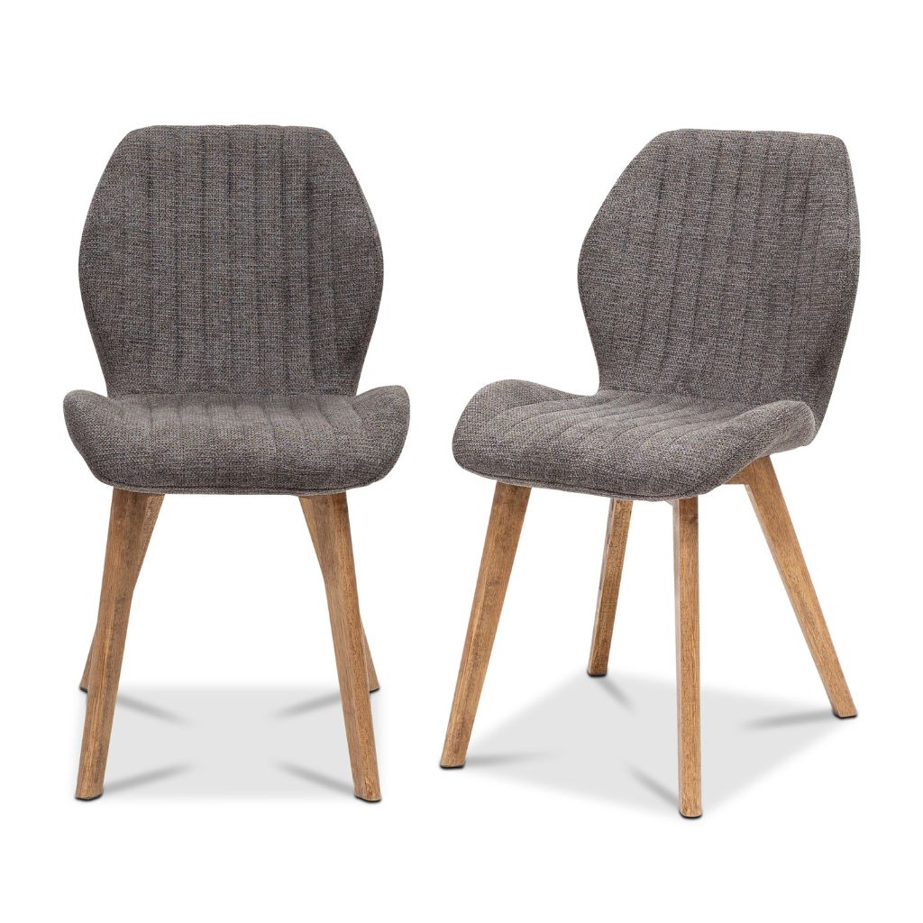 Two grey upholstered chairs with wooden legs on a white background