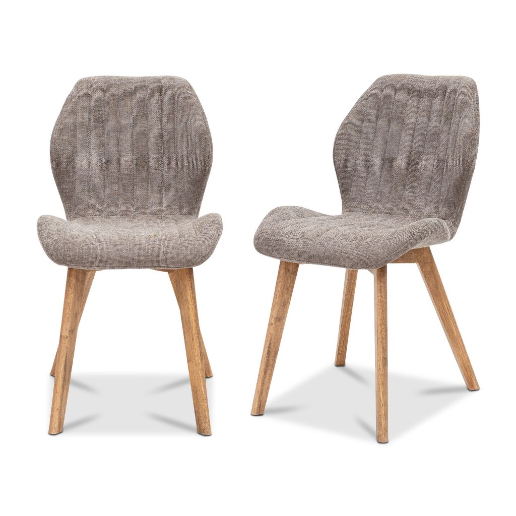 Two beige upholstered chairs with wooden legs on a white background