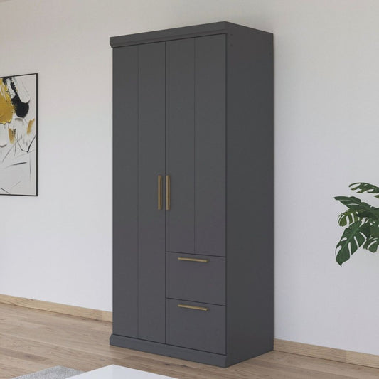 Gray wardrobe with oak handles in a room setting