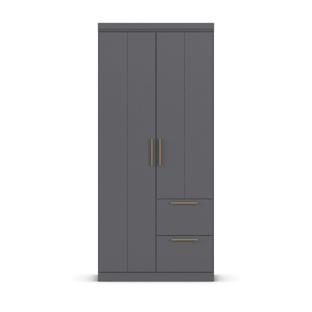 Gray wardrobe with oak handles on a white background