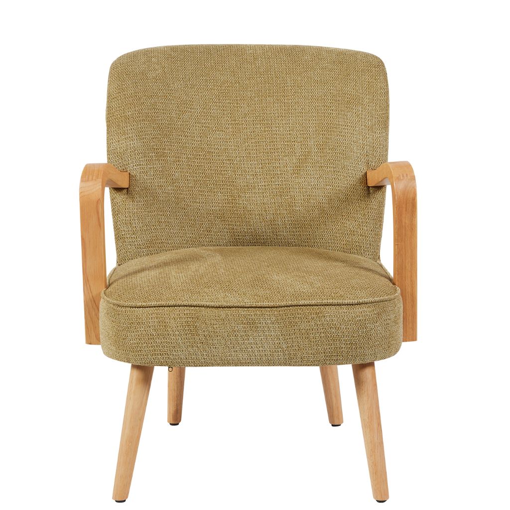 Beige armchair with wooden arms and legs on a white background