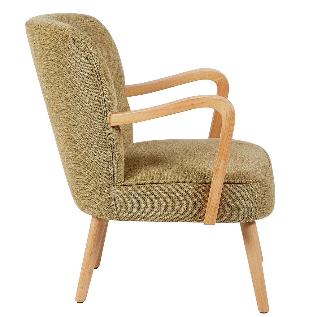 Brown armchair with wooden arms and legs on a white background