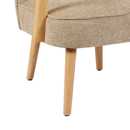 Close-up of a textured chair with wooden legs on a white background