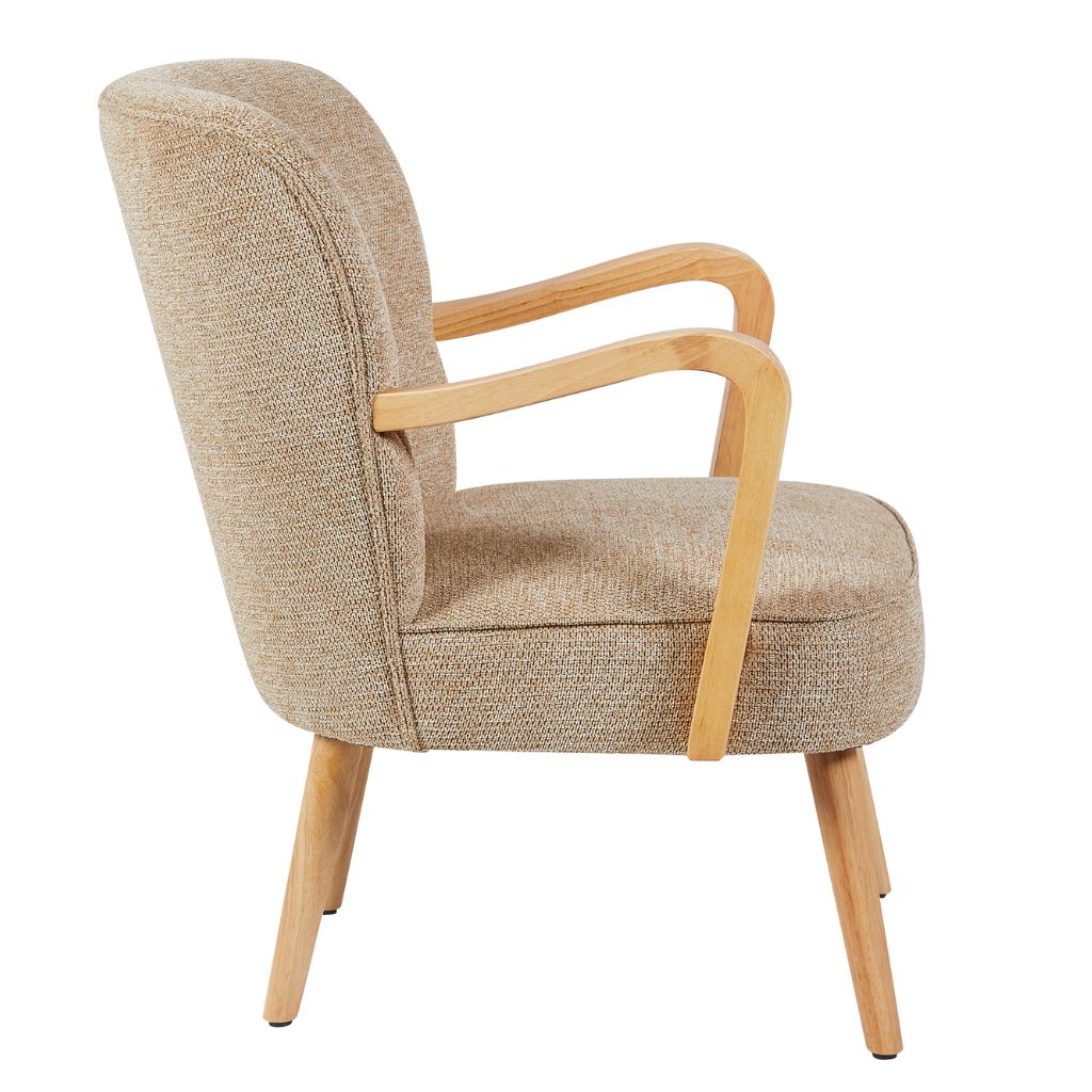 Beige armchair with wooden arms and legs on a white background