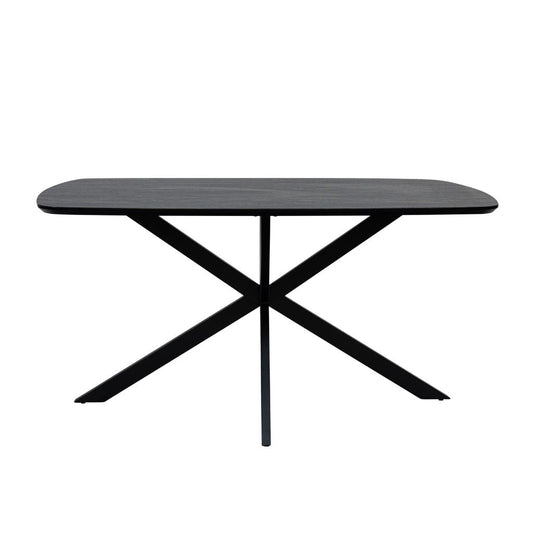 Grey dining table with X-shaped legs on a white background