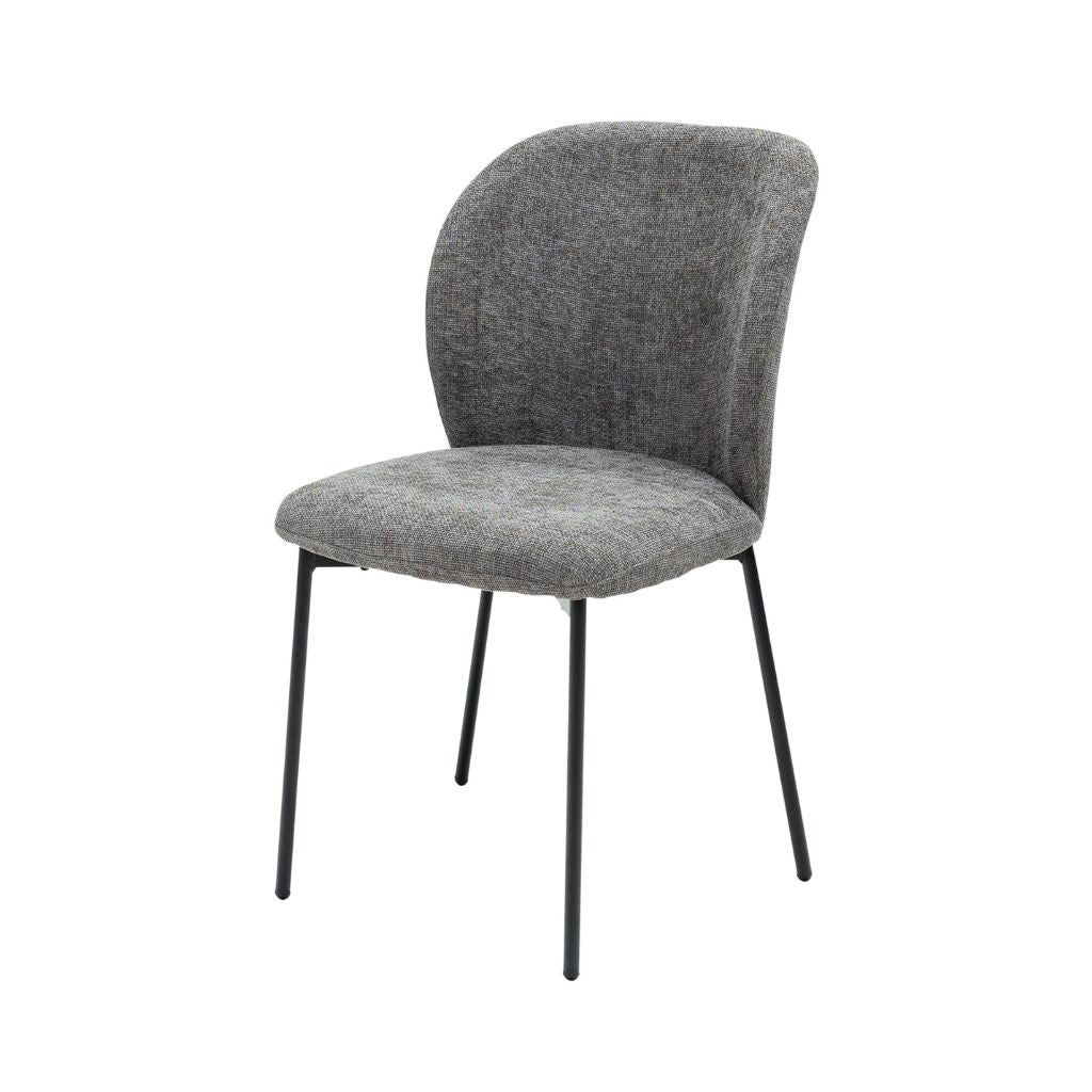 Grey upholstered chair with black metal legs on a white background