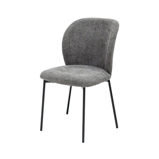 Grey upholstered chair with black metal legs on a white background