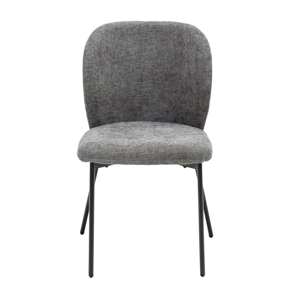 Grey upholstered chair with black legs on a white background